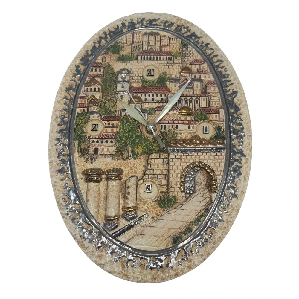 Jerusalem Old City‎ 3D Relief Oval Wall Clock Quartz Movement Home Decor 11.5in